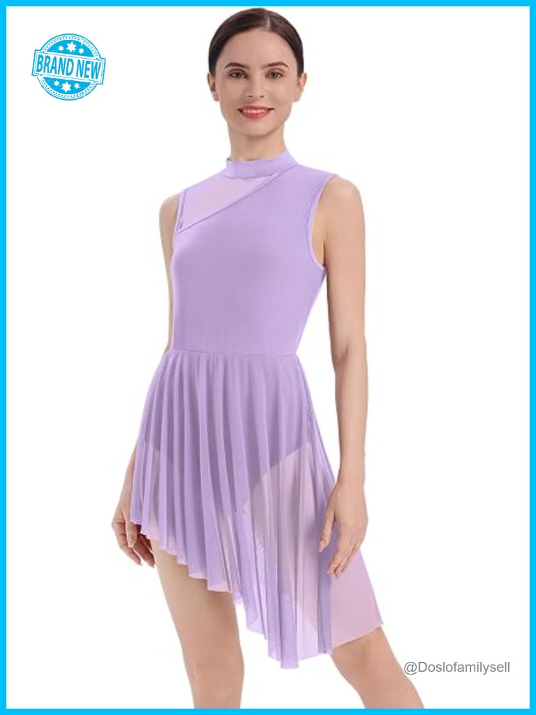 Women's Lyrical Dance Costume Asymmetric Tulle Leotard Dress With Mock Neck